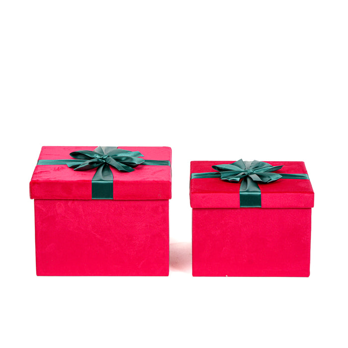 Set 2 scatole in velluto rosso con fiocco verde