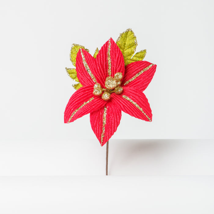 Pick fiore artificiale stella di natale in velluto rosso con glitter a gambo corto, dotato di molletta sul retro utile per creare confezioni, segna posti e chiudi busta. Scopri i nostri articoli su Silani Srl.