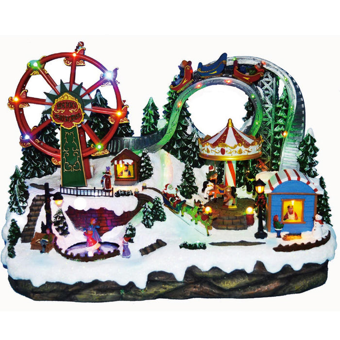 Villaggio natalizio compreso di giostra con cavalli, ruota panoramica funzionante, pista di pattinaggio con pattinatori in movimento, luci e musica 54x33x36 cm. Adatto per decorare ambienti interni, allestire, vetrine e showroom. Visita lo shop online Silani.