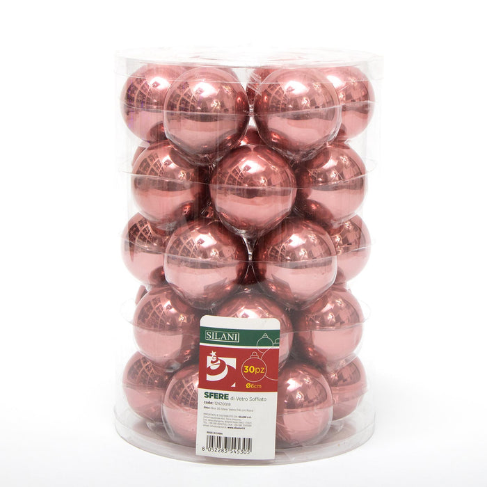 Palline in vetro per albero di Natale colore Rosa, Box da 30 sfere di dimensioni 6CM. Perfette anche per decorare ghirlande e festoni, giocando con le tonalità di colore. Confezionate in box di plastica trasparente. In vendita sullo shop di Silani.