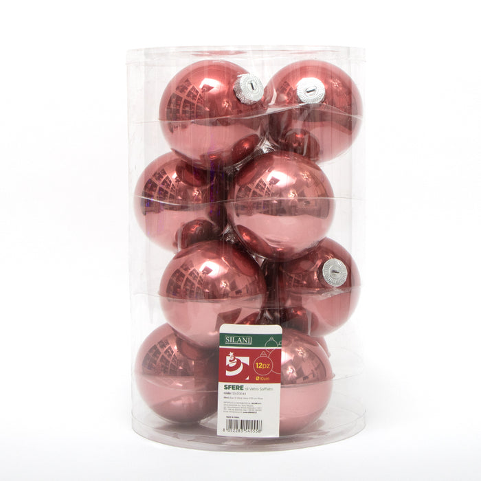 Palline in vetro per albero di Natale colore Rosa, box da 12 sfere di dimensioni 10CM. Perfette anche per decorare ghirlande e festoni, giocando con le tonalità di colore. Confezionate in box di plastica trasparente. In vendita sullo shop di Silani.
