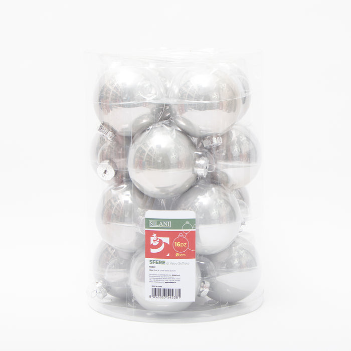 Box 16 sfere in vetro, D.8CM, colore argento perlato