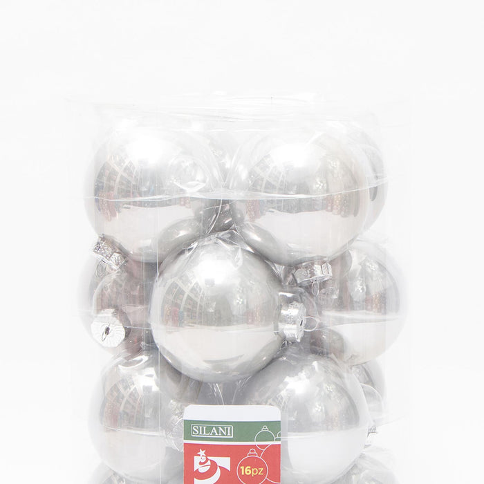 Box 16 sfere in vetro, D.8CM, colore argento perlato