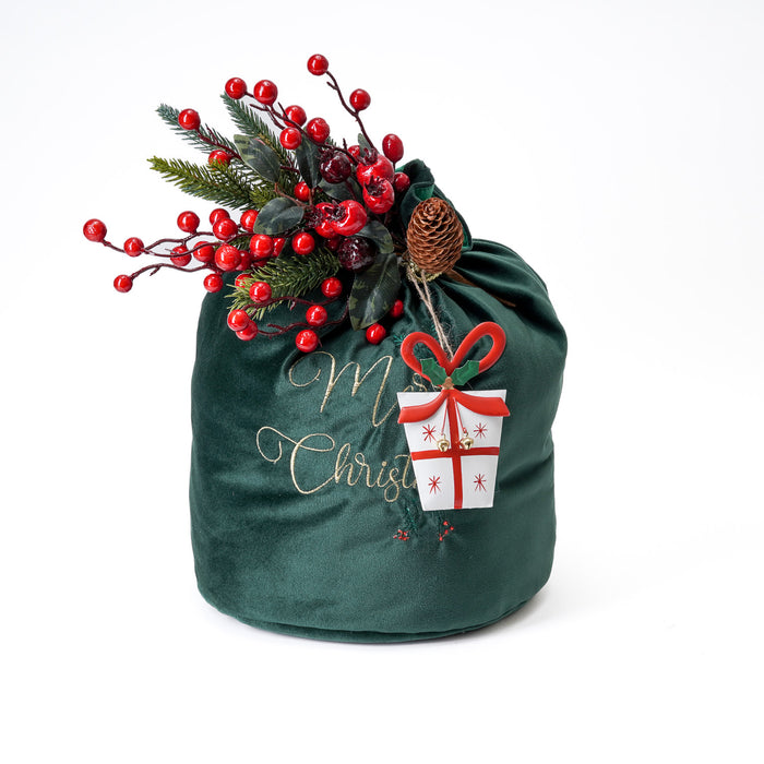 Sacco di Natale verde in velluto 28x40cm, decorazione e confezione Natalizia
