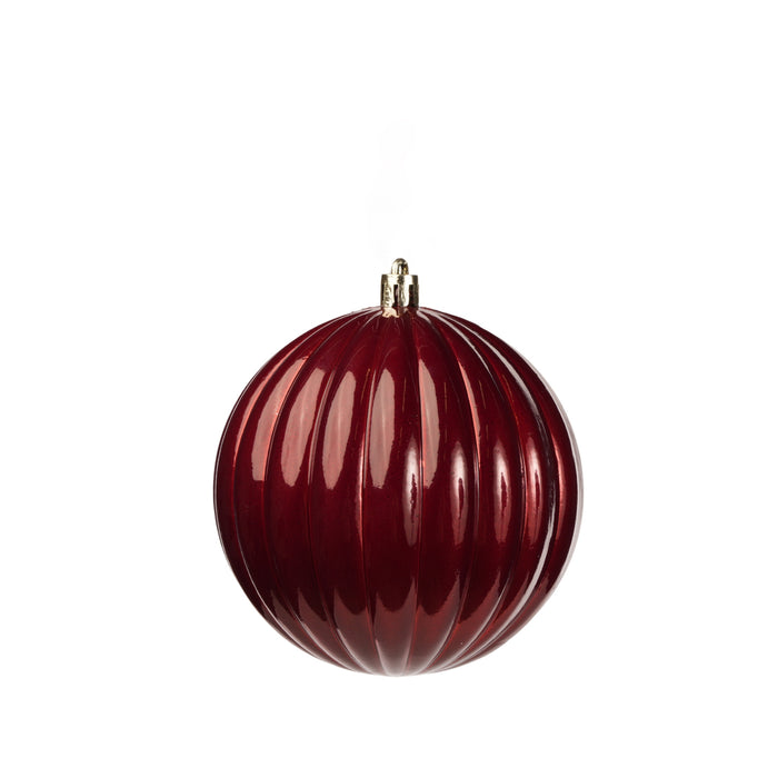 Pallina in plastica rigata, colore granata, diametro di 15CM