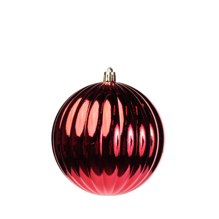 Pallina in plastica rigata, colore rosso metallizzato, diametro di 20CM