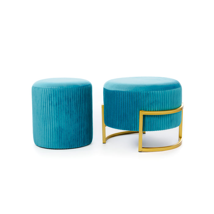 Set 2 pouf tondi in velluto 
blu 42X42X31CM / 30X30X31CM