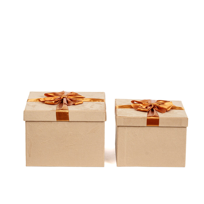 Set 2 scatole in velluto crema con fiocco oro