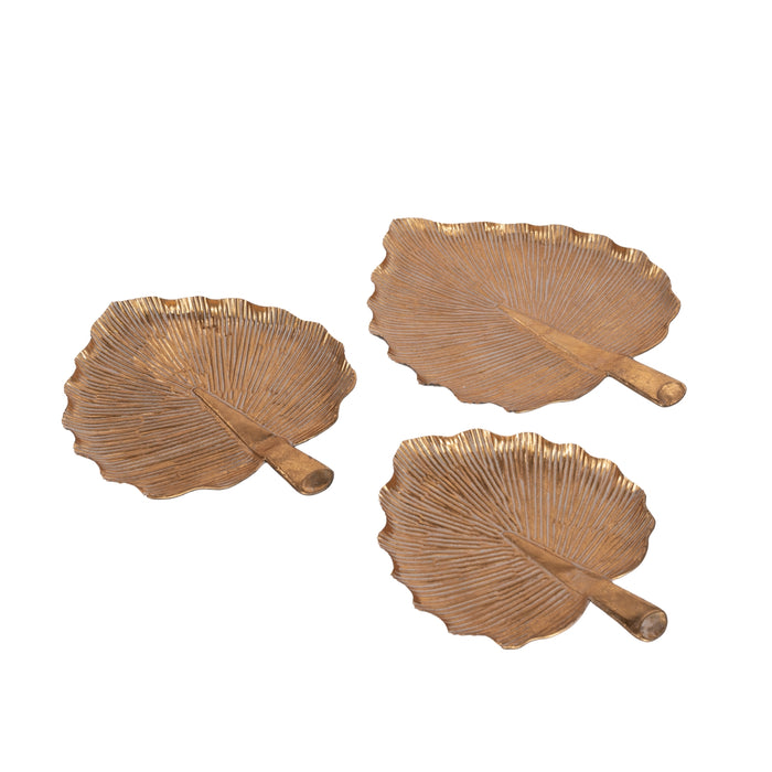 Set di 3 vassoi a forma di foglia in metallo, di colore oro, 43/38/31CM