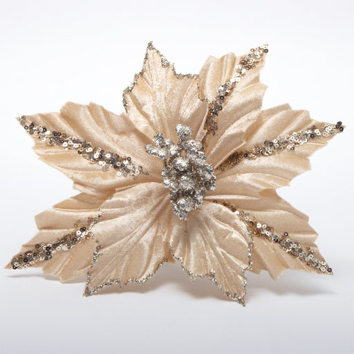 Scegli fiore stella di Natale in velluto di colore oro con paillettes a gambo corto. Ideale come addobbo per albero di natale, decorazione per eventi e matrimoni. Un elegante accessorio per arricchire confezioni dolciarie.Scopri i nostri articoli su Silani Srl.