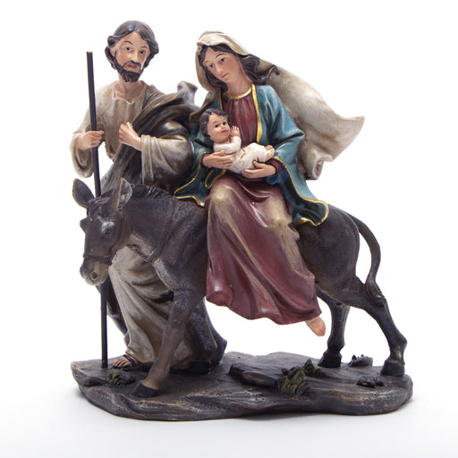 Natività 25CM realizzata in resina. Nella scena sono raffigurati Giuseppe, Maria e Gesù bambino su un asinello, questa decorazione rappresenta la Fuga in Egitto. Perfetto per dare vitalità a decorazioni Natalizie e ad ambienti casalinghi. Scopri i nostri articoli su Silani srl.