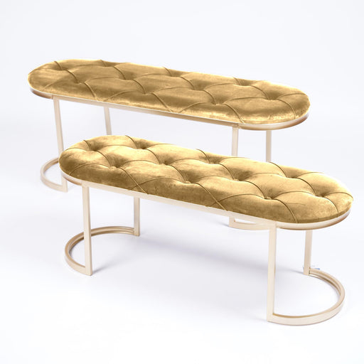 Panche trapuntate ovali in velluto Oro e metallo dorato, 117X39X48 / 38x107x34cm, morbide al tatto e confortevoli , completo d' arredo per casa , hotel e allestimento eventi. In vendita sullo shop di Silani