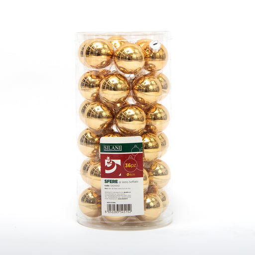 Palline in vetro per albero di Natale colore Oro, box da 36 sfere di dimensioni 4CM. Perfette anche per decorare ghirlande e festoni, giocando con le tonalità di colore. Confezionate in box di plastica trasparente. In vendita sullo shop di Silani.