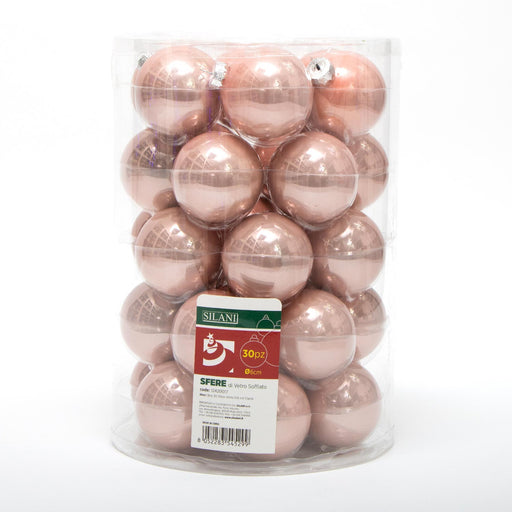 Palline in vetro per albero di Natale colore Cipria, box da 30 sfere di dimensioni 6CM. Perfette anche per decorare ghirlande e festoni, giocando con le tonalità di colore. Confezionate in box di plastica trasparente. In vendita sullo shop di Silani.