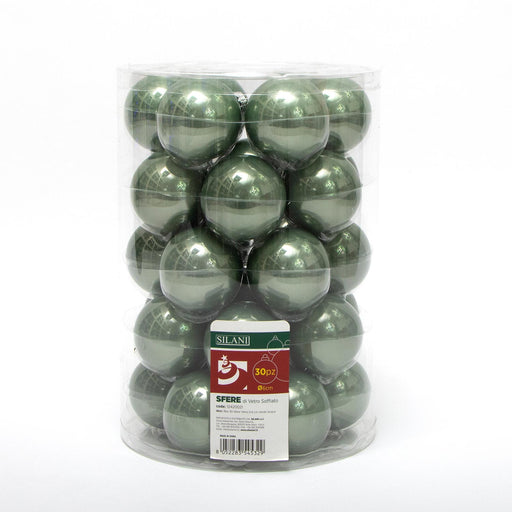 Palline in vetro per albero di Natale colore Verde Acqua, box da 30 sfere di dimensioni 6CM. Perfette anche per decorare ghirlande e festoni, giocando con le tonalità di colore. Confezionate in box di plastica trasparente. In vendita sullo shop di Silani.