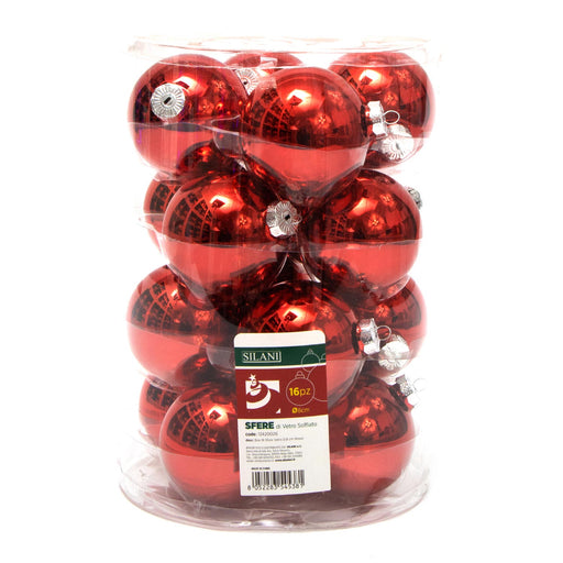 Palline in vetro per albero di Natale colore Rosso, box da 16 sfere di dimensioni 8CM. Perfette anche per decorare ghirlande e festoni, giocando con le tonalità di colore. Confezionate in box di plastica trasparente. In vendita sullo shop di Silani.