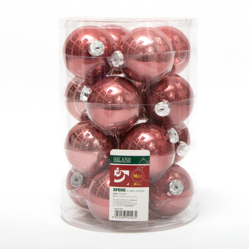 Palline in vetro per albero di Natale colore Rosa, box da 16 sfere di dimensioni 8CM. Perfette anche per decorare ghirlande e festoni, giocando con le tonalità di colore. Confezionate in box di plastica trasparente. In vendita sullo shop di Silani