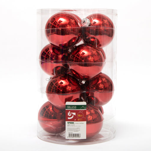 Palline in vetro per albero di Natale colore Rosso, box da 12 sfere di dimensioni 10CM. Perfette anche per decorare ghirlande e festoni, giocando con le tonalità di colore. Confezionate in box di plastica trasparente. In vendita sullo shop di Silani.
