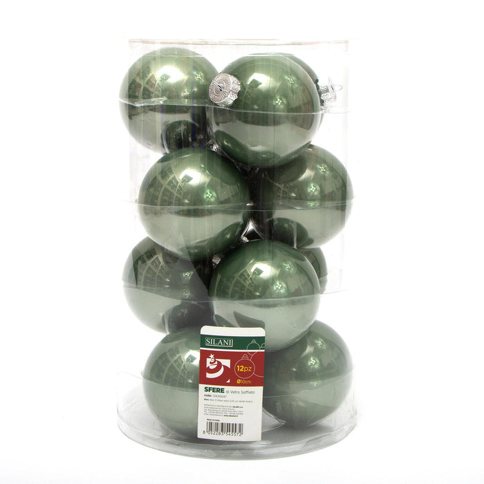 Palline in vetro per albero di Natale colore Verde Acqua, box da 12 sfere di dimensioni 10CM. Perfette anche per decorare ghirlande e festoni, giocando con le tonalità di colore. Confezionate in box di plastica trasparente. In vendita sullo shop di Silani.