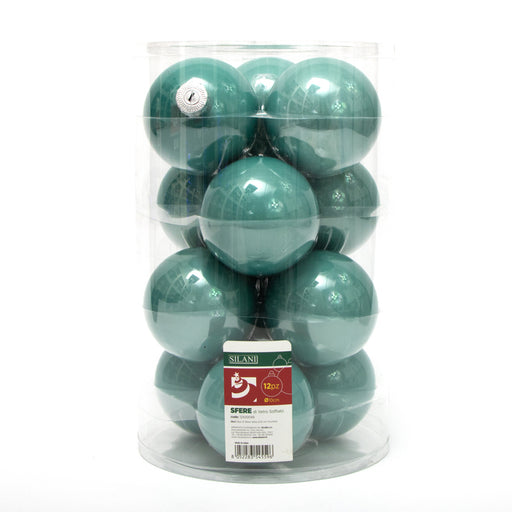 Palline in vetro per albero di Natale colore Turchese, box da 12 sfere di dimensioni 10CM. Perfette anche per decorare ghirlande e festoni, giocando con le tonalità di colore. Confezionate in box di plastica trasparente. In vendita sullo shop di Silani.