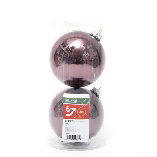 Palline in vetro per albero di Natale colore fumè, box da 2 sfere di dimensioni 12CM. Perfette anche per decorare ghirlande e festoni, giocando con le tonalità di colore. Confezionate in box di plastica trasparente.. In vendita sullo shop di Silani