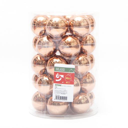 Palline in vetro per albero di Natale colore Bronzo, box da 30 sfere di dimensioni 6CM. Perfette anche per decorare ghirlande e festoni, giocando con le tonalità di colore. Confezionate in box di plastica trasparente. In vendita sullo shop di Silani