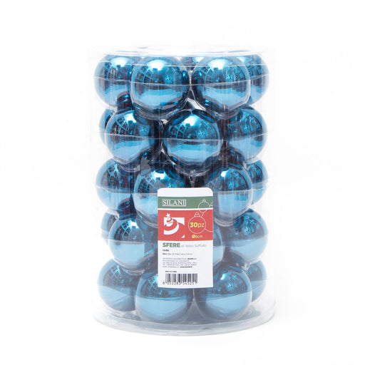 Palline in vetro per albero di Natale colore Blu, box da 30 sfere di dimensioni 6CM. Perfette anche per decorare ghirlande e festoni, giocando con le tonalità di colore. Confezionate in box di plastica trasparente. In vendita sullo shop di Silani.