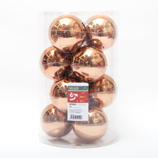 Palline in vetro per albero di Natale colore Bronzo, box da 12 sfere di dimensioni 10CM. Perfette anche per decorare ghirlande e festoni, giocando con le tonalità di colore. Confezionate in box di plastica trasparente. In vendita sullo shop di Silani.