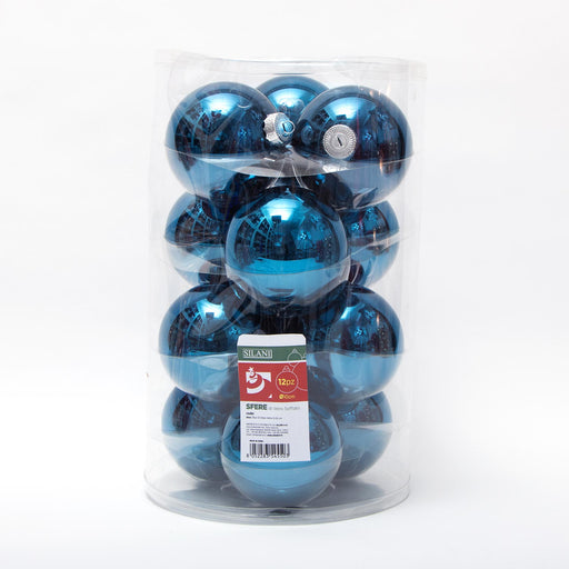 Palline in vetro per albero di Natale colore Blu, box da 12 sfere di dimensioni 10CM. Perfette anche per decorare ghirlande e festoni, giocando con le tonalità di colore. Confezionate in box di plastica trasparente. In vendita sullo shop di Silani.