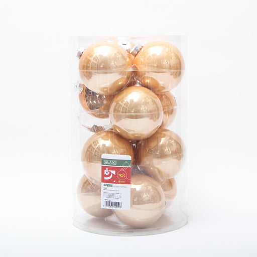 Palline in vetro per albero di Natale colore Ramage, box da 12 sfere di dimensioni 10CM. Perfette anche per decorare ghirlande e festoni, giocando con le tonalità di colore. Confezionate in box di plastica trasparente. In vendita sullo shop di Silani.